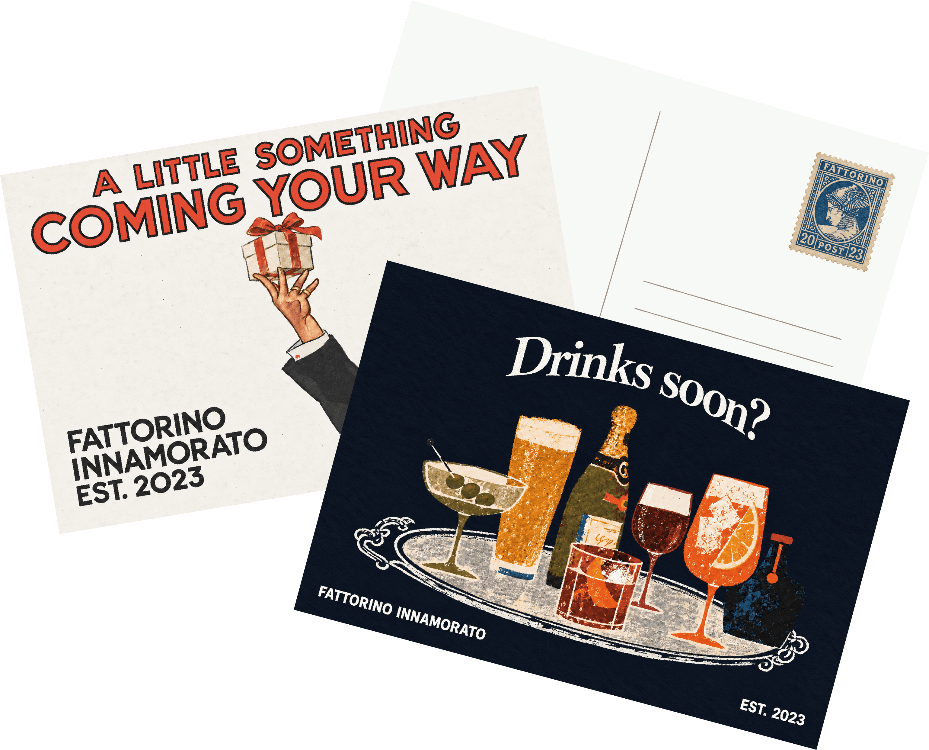 Fattorino postcard designs: a gift and drinks